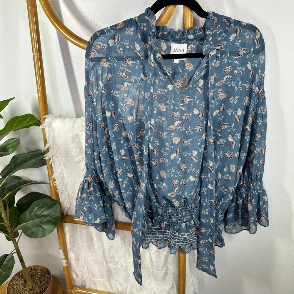 Misa Blue Floral Long Sleeve Tie Blouse sz L